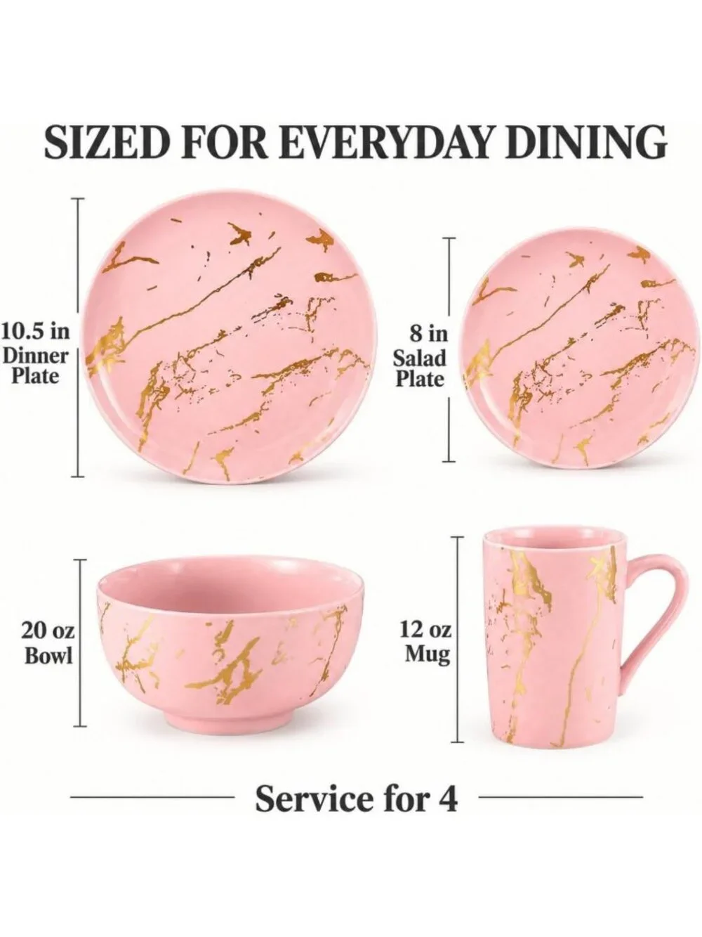 Elegant Pink Dinnerware Set for 4 | 16-Piece Porcelain with Gold Marble Accents